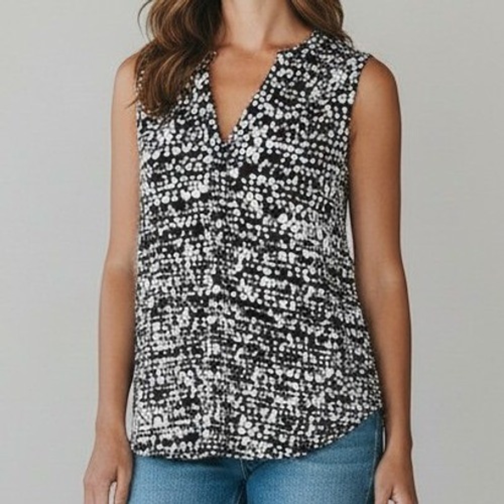 Chaus New York Abstract Dot Print V-Neck Sleeveless Blouse XL Black White